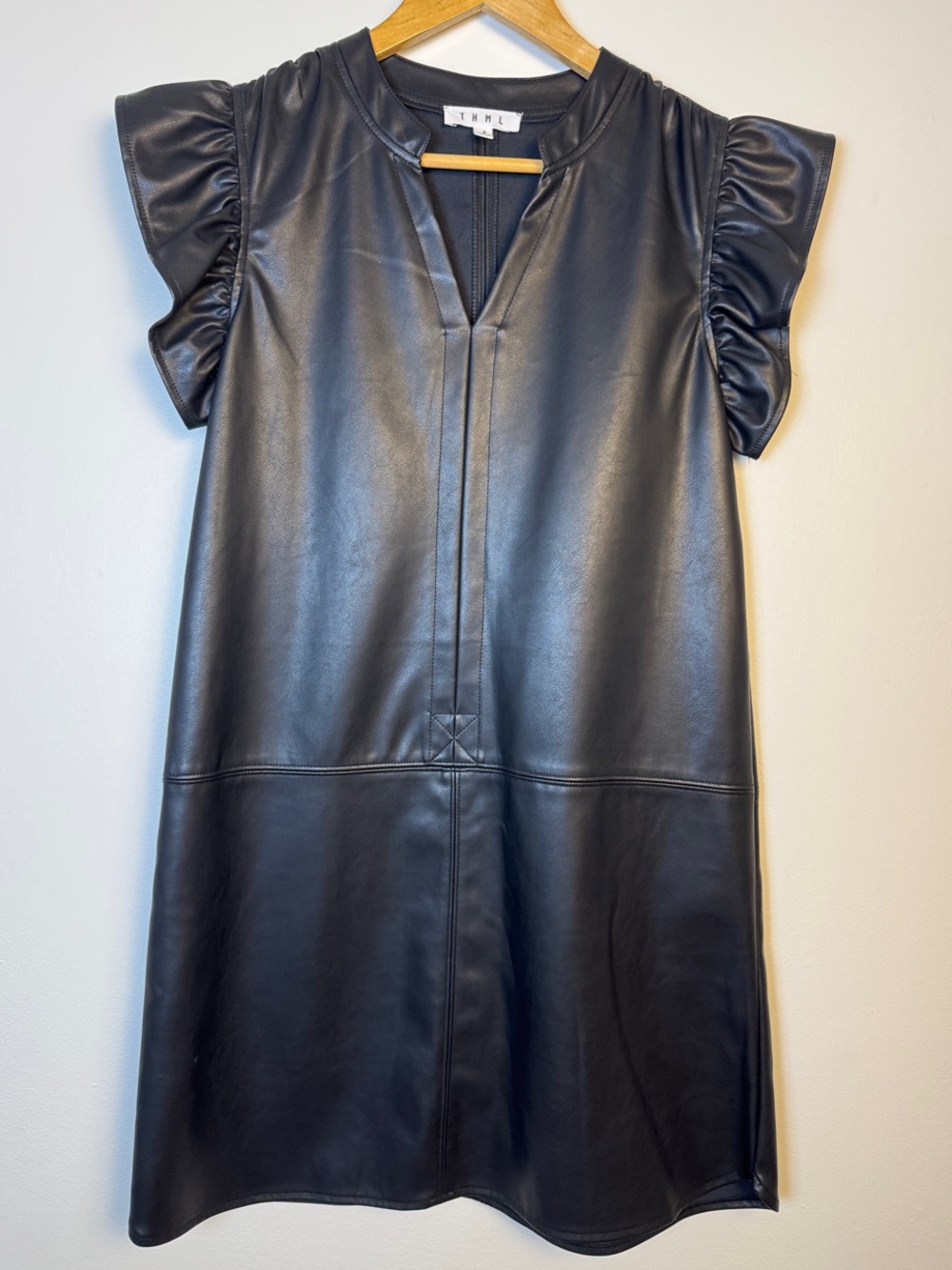 THML Black Faux Leather Shift Dress Ruffle Cap Sleeve Split V Neck Mini